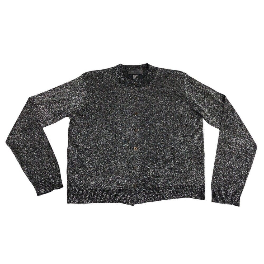 August Silk Knits Cardigan Sweater Womens L Black Metallic Glitter Preppy Party